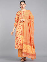 Women Orange Printed Panelled Pure Cotton Kurti With Palazzos With Dupatta Set